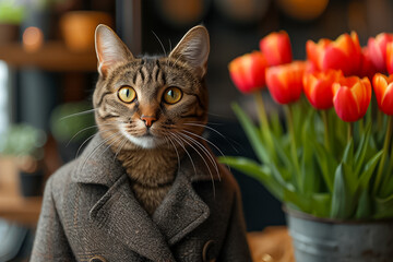 The fashionably dressed cat with a bouquet of tulips looks like a real gentleman