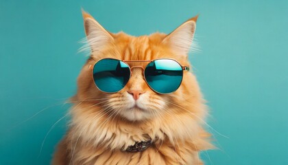 closeup portrait of funny ginger cat wearing sunglasses on light cyan copyspace