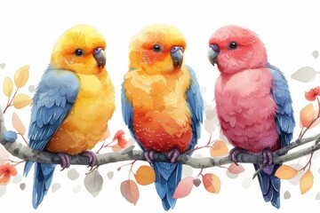 Lovebird parrots sitting together on a tree branch,Lovebird Kiss,Image with Grain.