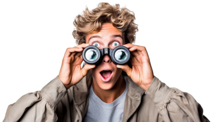 Surprised guy looking through binoculars, cut out