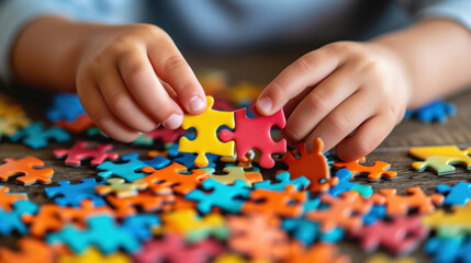 Child's Hands Connecting Colorful Puzzle Pieces on Table.