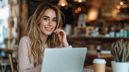 Woman using laptop while smiling at cafe. Generative AI.