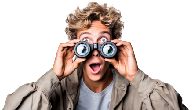 Surprised guy looking through binoculars, cut out