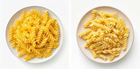 Spiral pasta arranged artfully in a plate, capturing the intricate patterns on a bright white background