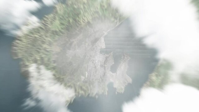 Earth zoom in from space to Wellington, New Zealand. Followed by zoom out through clouds and atmosphere into space. Satellite view. Travel intro. Images from NASA