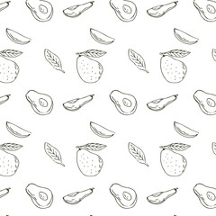 Sketch drawing pattern with avocado sliced, half and fruit with leaf. Vector illustration can used for wrapping paper, banner and cover design. 