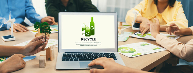 Recycle packaging displayed on laptop at a green business meeting while business team presenting...