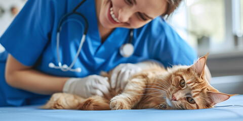female veterinarian nurse examining cute cat in veterinary clinic - obrazy, fototapety, plakaty