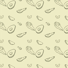 Fototapeta na wymiar Hand drawn sketch avocado outline of half, slised with seed, leaves on yellow background. Vector illustration can used for wrapping paper, banner and cover design. 