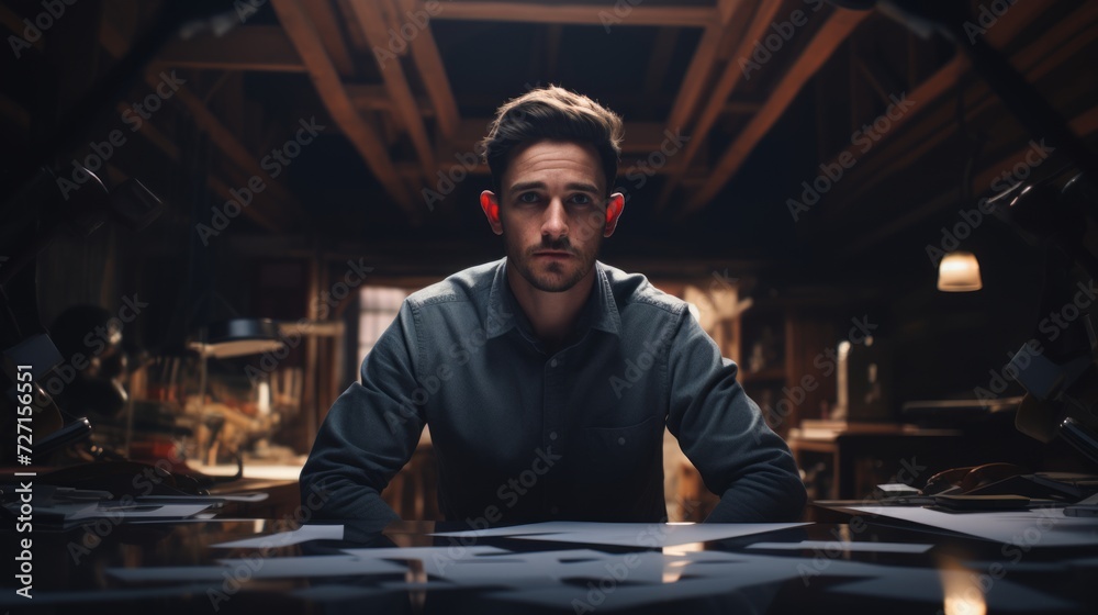 Poster portrait of a male architect with drafting tools, precision in design, architectural studio environm