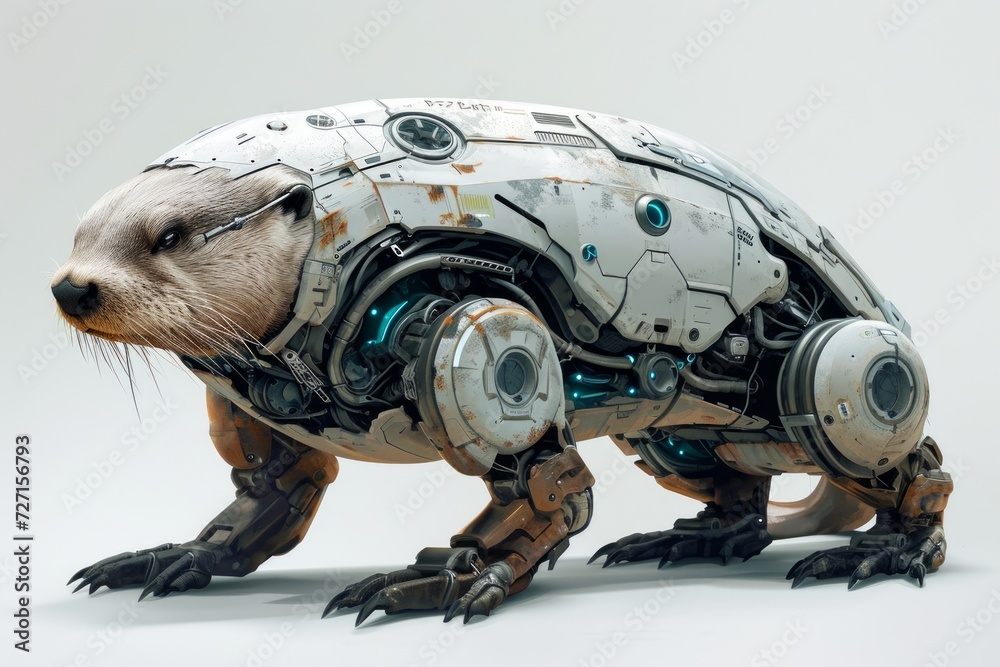 Aufkleber Realistic depiction of a robotically modified otter with mechanical enhancements and cybernetic features, set against a plain white backdrop Generative AI
