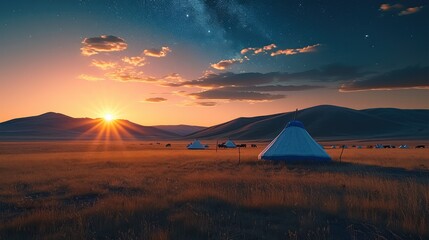 Fototapeta na wymiar The grassland Mongolian tribe at sunrise, the starry sky is bright. Generative AI.
