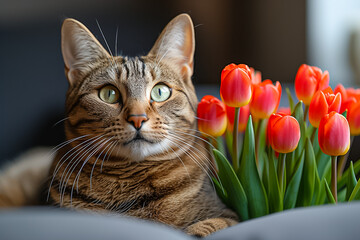 Cat with a bouquet of red tulips. Spring time. Holiday concept. copy space