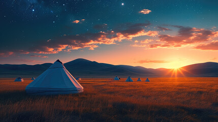 The grassland Mongolian tribe at sunrise, the starry sky is bright. Generative AI.