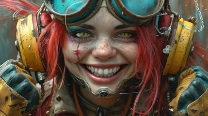 Obraz na płótnie Canvas Realistic depiction of a post-apocalypse person, adorned in steampunk fashion, expressing joy and positivity through a vibrant smile Generative AI