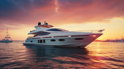 Realistic photo of an upscale yacht in the evening light, affluent vacationers basking in the sunset glow, elegant decor, and luxurious surroundings --ar 16:9 --style raw Generative AI - obrazy, fototapety, plakaty
