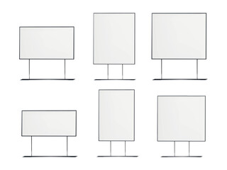 Floor graphic poster display frame. Mock-up set. Blank white sign stand with black metal base vector mockup kit. Template for design