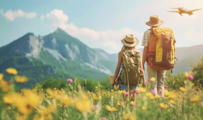 Fototapeta premium Group of Hikers Trekking in Golden Hour