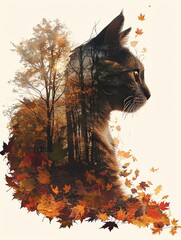 Feline Autumn - Cat Double Exposure with Fall Scenery