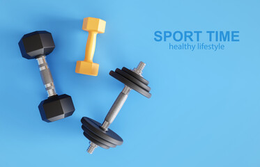 Dumbbells on blue background. Sport equipment. Gym time concept. 3d-rendering