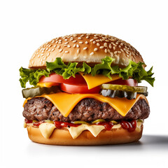 commerce style photo of cheese burger on a white background