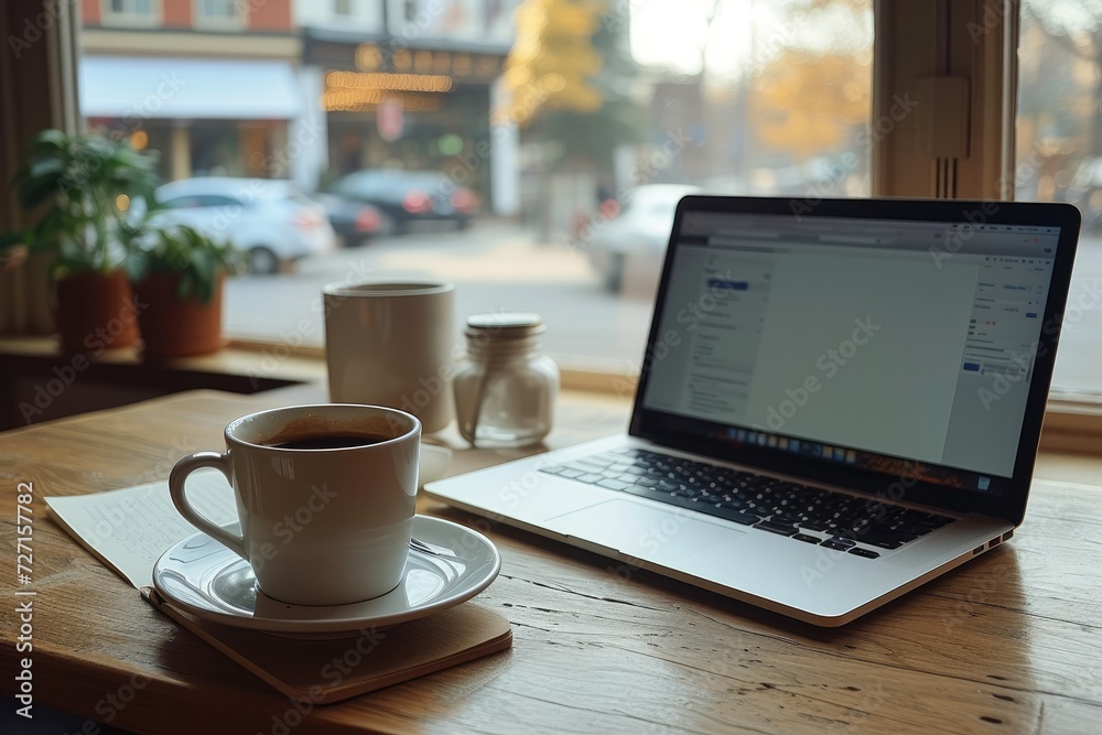 Poster Shot of cafe table with laptop and open notebook beside it. Generative AI.