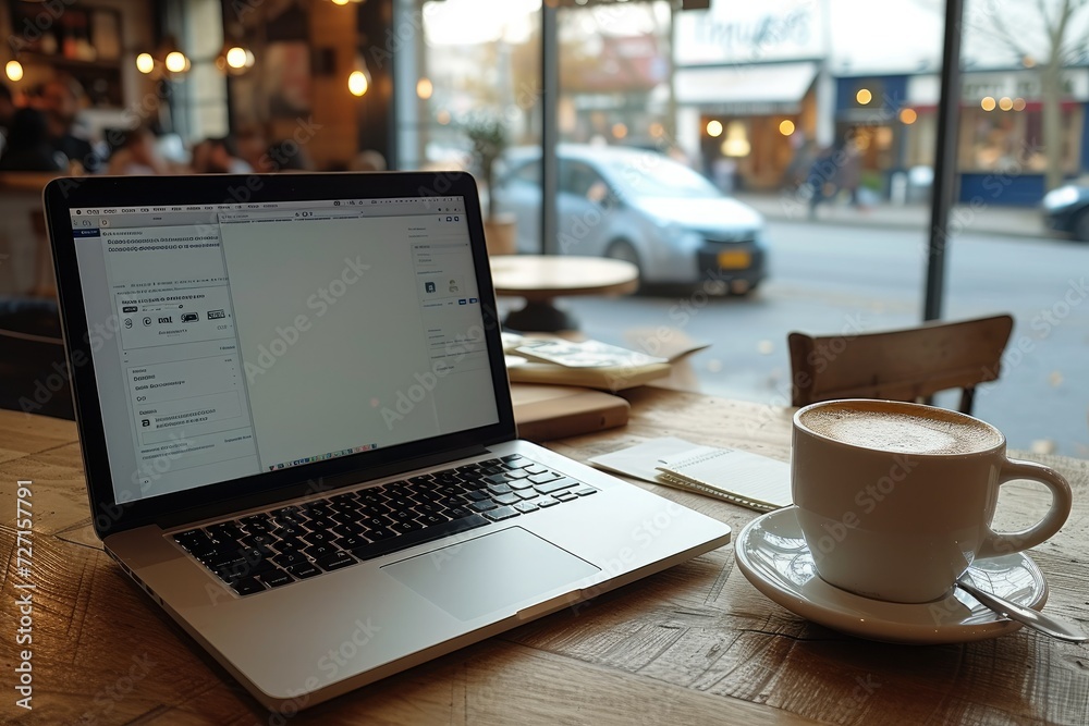 Poster Shot of cafe table with laptop and open notebook beside it. Generative AI.