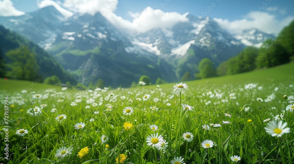 Poster serene swiss mountains with macro views of emerald meadows and close-up shots of rich green grass, h