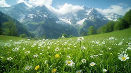 Serene Swiss mountains with macro views of emerald meadows and close-up shots of rich green grass, highlighting the natural beauty of the alpine flora Generative AI