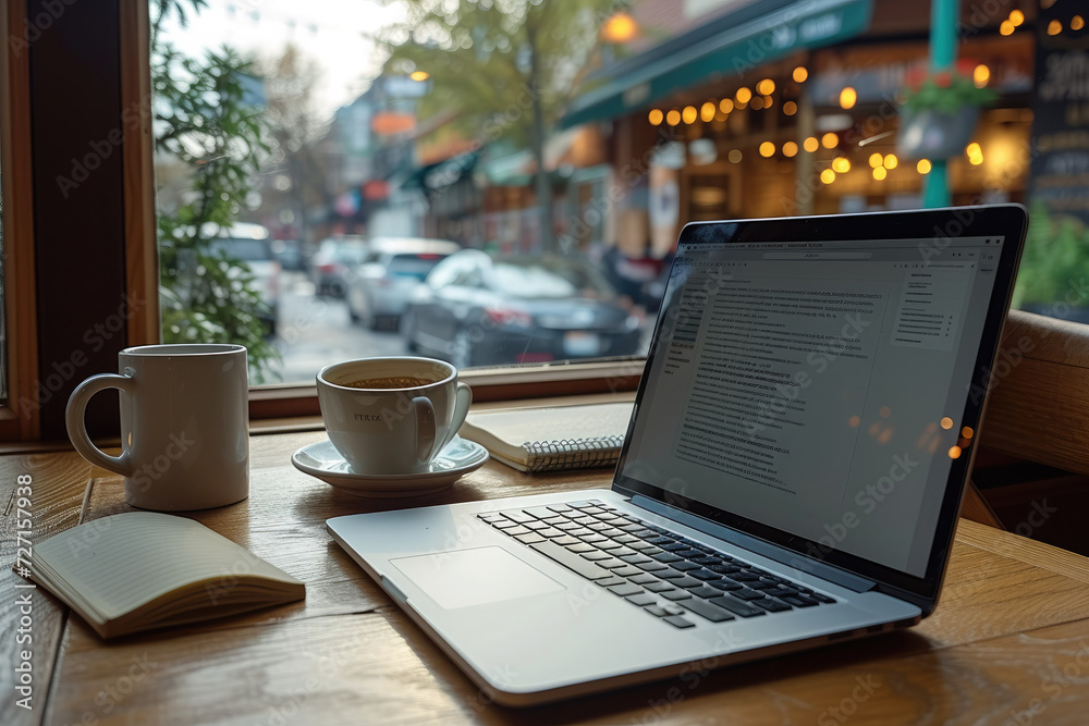 Poster Shot of cafe table with laptop and open notebook beside it. Generative AI.