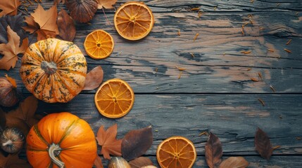 Top view. Modern autumn decorated wooden table for Halloween with pumpkin, dried orange slices. Bright colors with gold details, gourds, dead leaves on a rough wooden table.