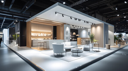 large exhibition booth in nordic style Simply decorated With minimalist furniture - obrazy, fototapety, plakaty