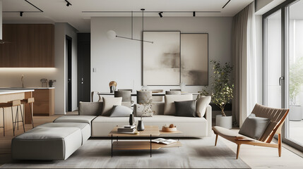 Modern living room with large paintings nordic style decoration There is minimalist style furniture.