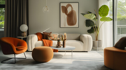 Modern living room with large paintings nordic style decoration There is minimalist style furniture.