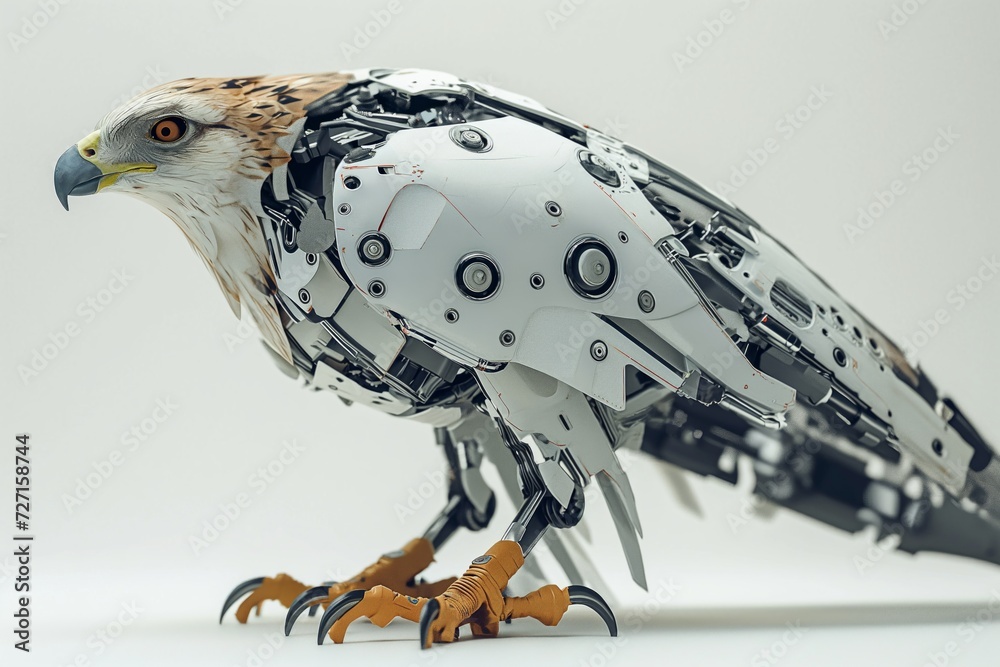 Fototapete Realistic depiction of a cybernetically enhanced hawk with robotic wings and technological modifications, showcased against a clean white setting Generative AI
