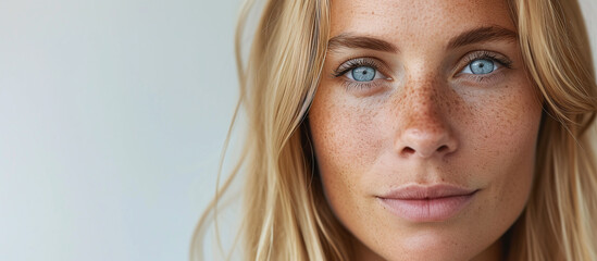 pretty middle-aged Norwegian woman with straight blond hair, blue eyes and lots of freckles on her face - obrazy, fototapety, plakaty