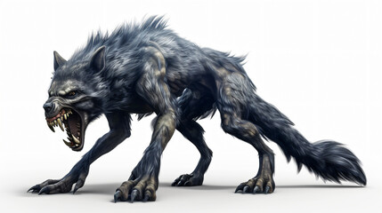 A stunning 3D rendering of a fierce and untamed werewolf, captured in extraordinary detail. This captivating artwork showcases the mythical creature in a super realistic style, with every st