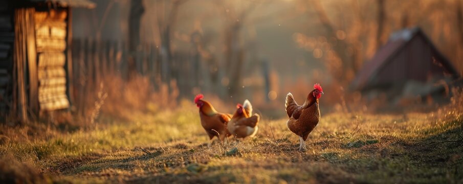 Chickens on green grass on countryside.