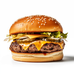 commerce style photo of cheese burger on a white background