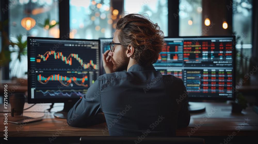 Poster financial analyst, a stock market trader doing analysis of investment charts, graphs, digital entrep
