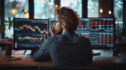 Financial Analyst, A Stock Market Trader Doing Analysis of Investment Charts, Graphs, Digital Entrepreneur Successfully Trading. Generative AI.