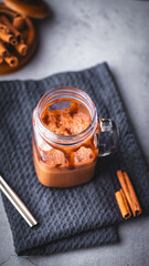Ice cold coffee with chocolate in a glass jar on a dark background