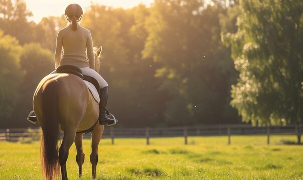 Girl riding on horse rear view shot.  Woman practicing a ride on horse back