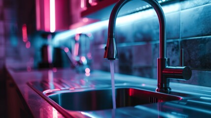 Close-up of a hi-tech pull-down kitchen faucet, illuminated controls, water stream visualization, futuristic atmospheric background Generative AI