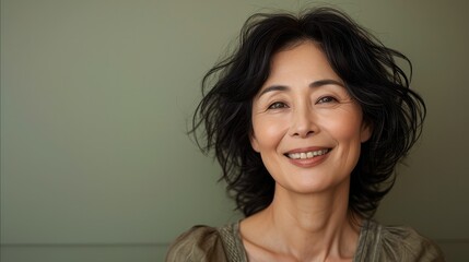 Smiling mature Japanese woman on olive color background. Generative AI. - Powered by Adobe