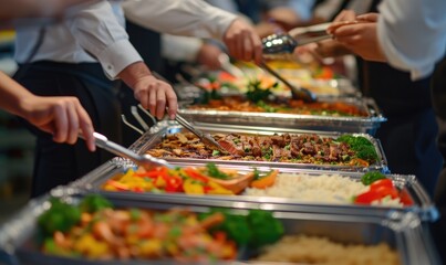 Obraz premium People hands on catering buffet food with grilled food.