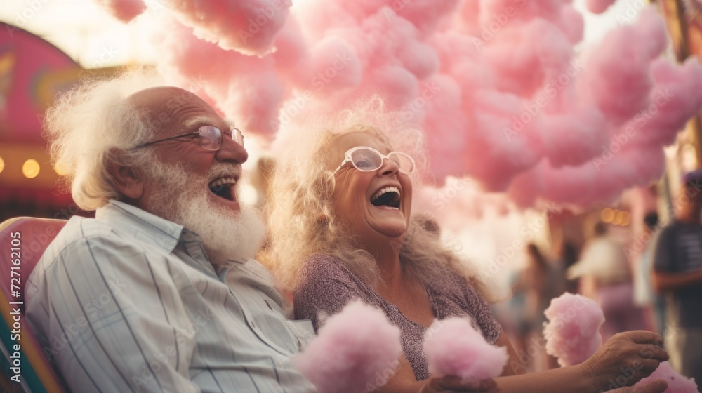Poster grandparents indulging in cotton candy while watching a lively street performance in the amusement p