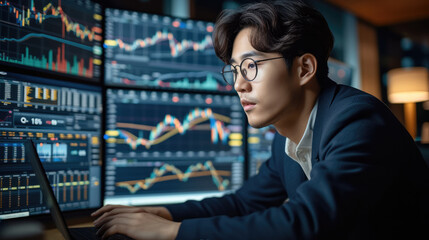 Young Asian trader in eyeglasses working with laptop while sitting in his modern office in front of computer screens with trading chart. Generative AI.