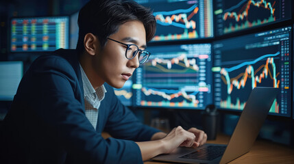 Young Asian trader in eyeglasses working with laptop while sitting in his modern office in front of computer screens with trading chart. Generative AI.