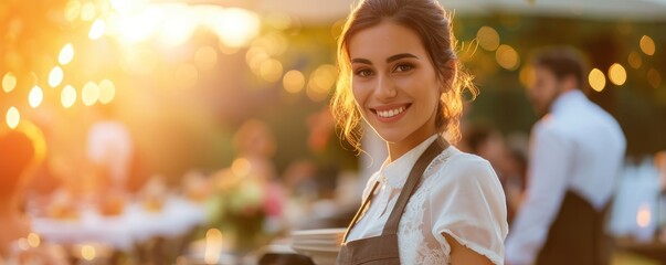 Waitress female catering a fresh delicious food  and serving on wedding